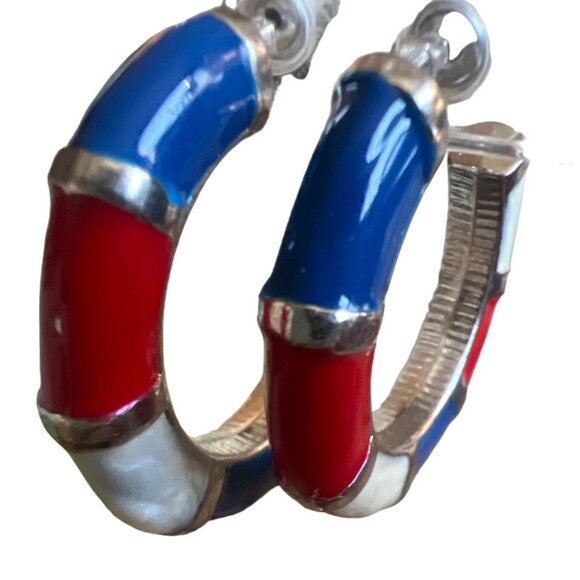 Vintage Red White Blue Enamel Hoops Pierced Earrings Patriotic Summer Democracy - Picture 3 of 11